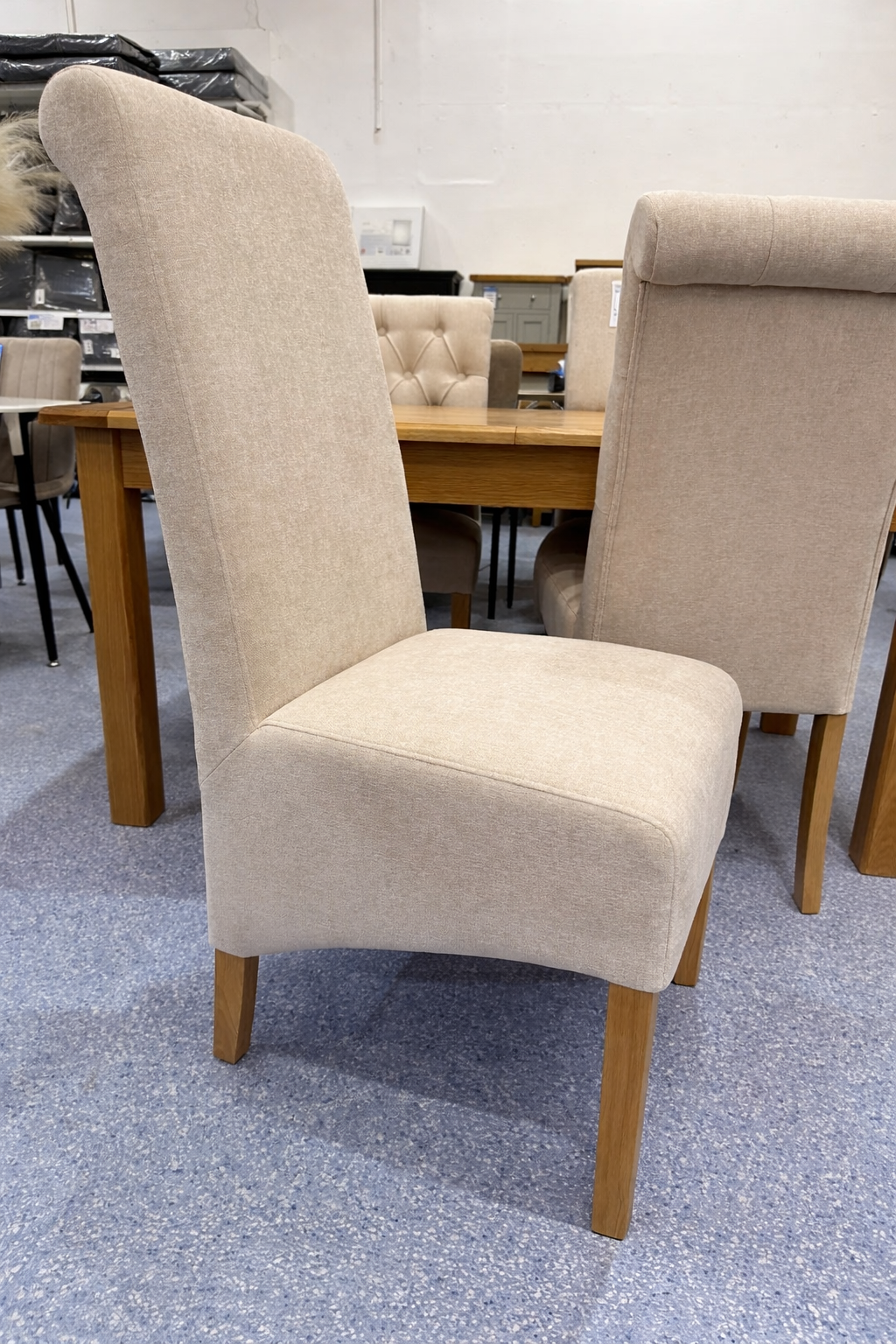 Pair of Natural Fabric Scroll Back Dining Chairs
