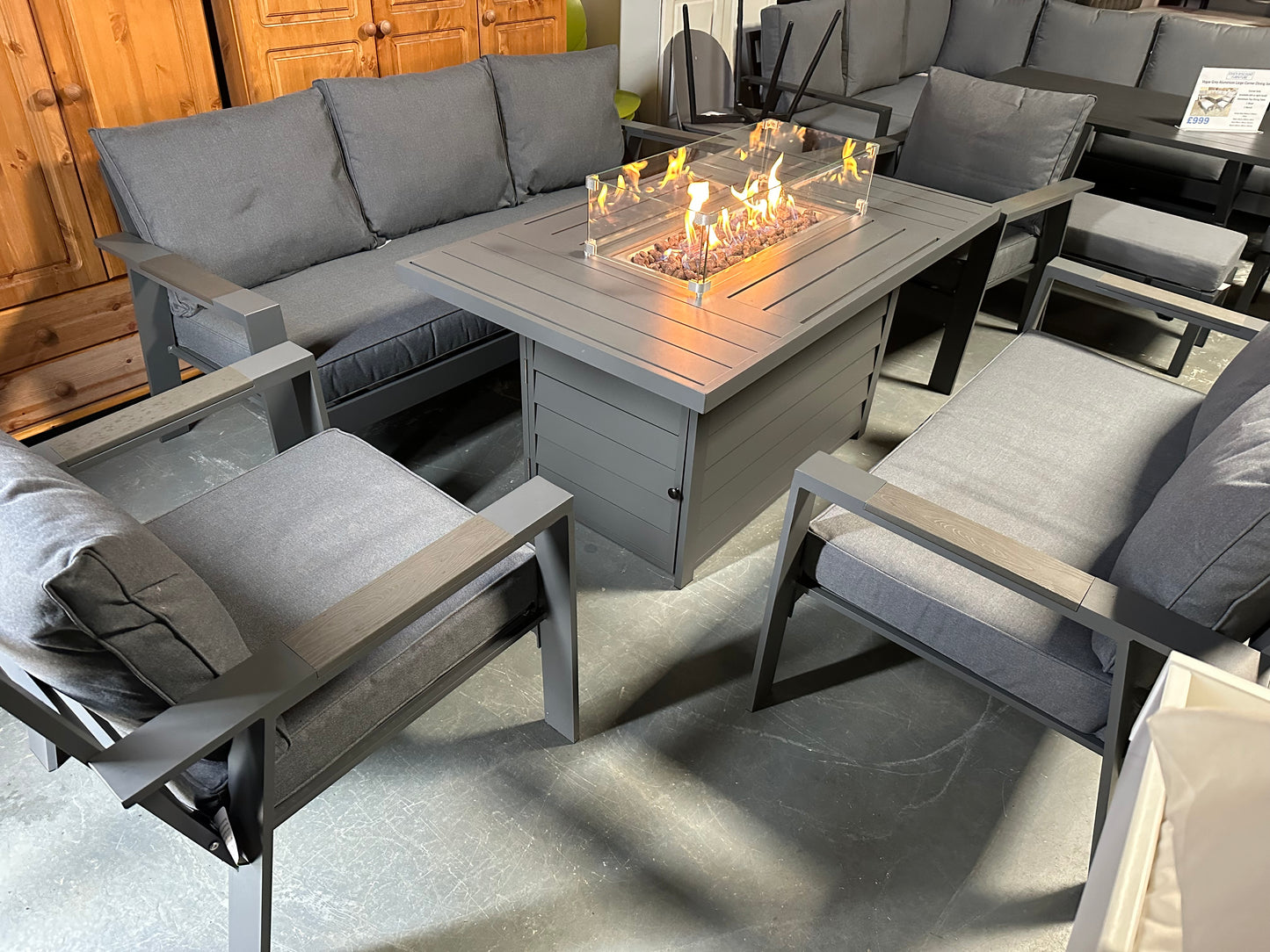 Grey Aluminium 7 Seater Sofa Fire Pit Table Set